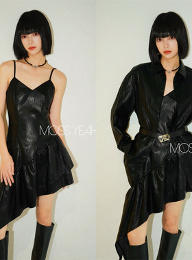 Moss烨 现货〓设计师〓黑色环保皮 廓形衬衫/花边斜边吊带裙