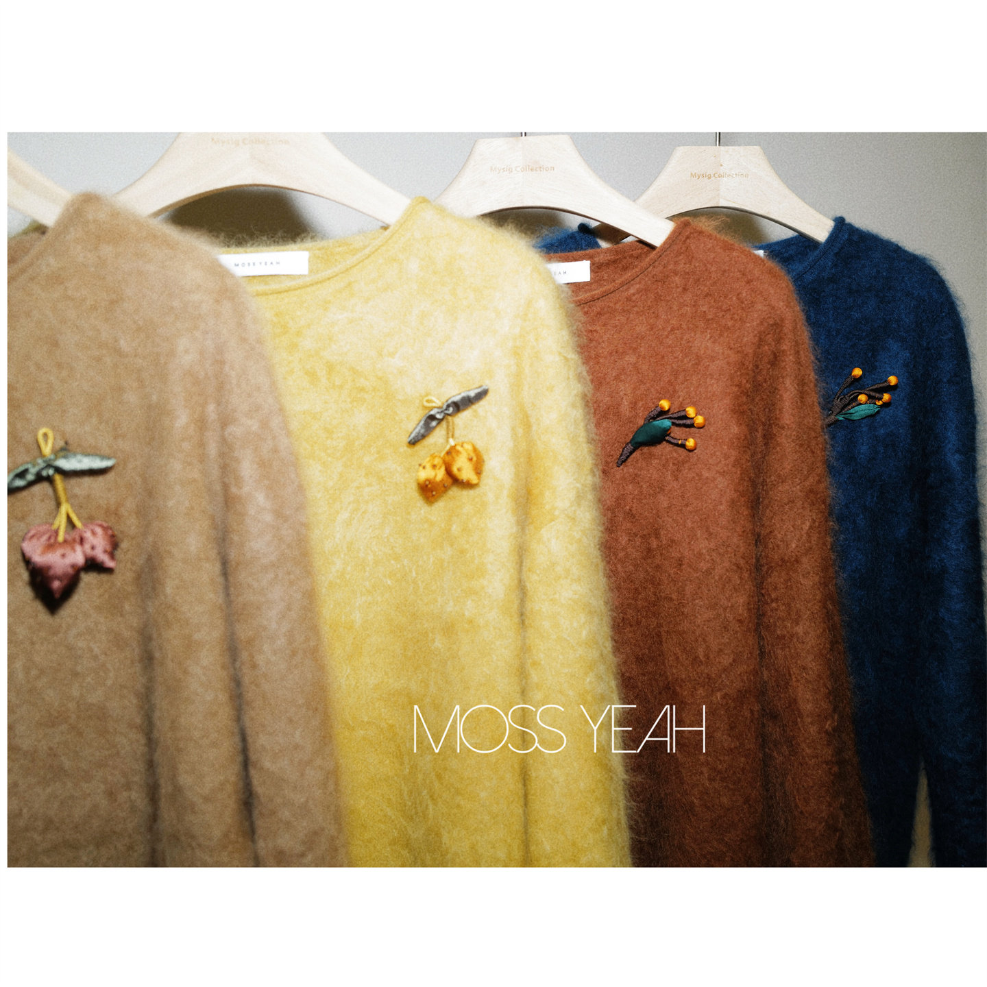 Moss烨 〓绒+〓1OO拉毛山羊绒 四色复古定染 长袖毛衣附手工胸针
