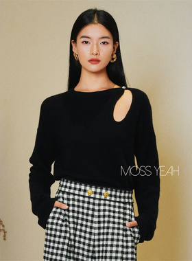 Moss烨 〓绒+〓1OO%山羊绒 前后镂空 水钻阔袖羊绒毛衣