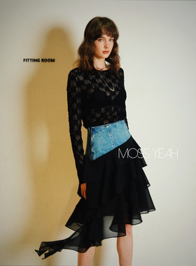 Moss烨 〓设计师〓多层荷叶边拼接 做旧牛仔半身裙c