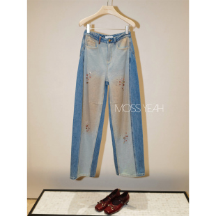 双色拼色阔腿锥形牛仔裤 巴洛克珍珠宝石钉珠 设计师 Moss烨