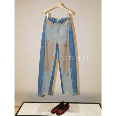 Moss烨 〓设计师〓巴洛克珍珠宝石钉珠 双色拼色阔腿锥形牛仔裤