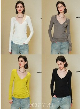 Moss烨 〓设计师〓醋酸羊毛 显瘦弹力深V长袖T恤四色