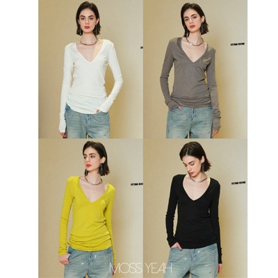 Moss烨 〓设计师〓醋酸羊毛 显瘦弹力深V长袖T恤四色