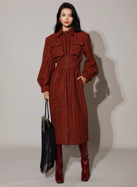 Moss烨 进口毛呢编织 复古砖红色收腰显瘦垫肩灯笼袖大衣外套