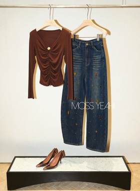 Moss烨 〓设计师〓莱赛尔羊毛 镂空抽褶 石头装饰V领弹力长袖T恤