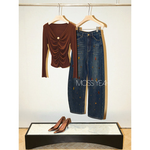 Moss烨 〓设计师〓莱赛尔羊毛 镂空抽褶 石头装饰V领弹力长袖T恤