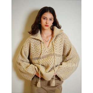 Moss烨 现货〓绒+〓两色 大克重镂空钩花大翻领加厚羊绒套头毛衣