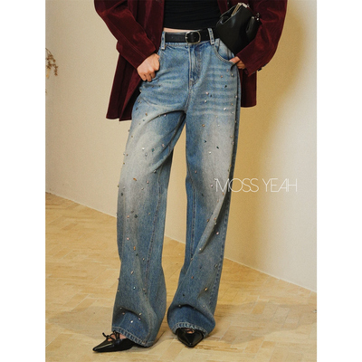 Moss烨〓设计师〓彩色水钻钉珠 做旧磨白直筒牛仔裤
