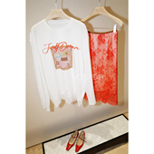 Moss烨 T恤 下摆蕾丝拼接长袖 设计师 精致印花钉珠