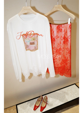 Moss烨 〓设计师〓精致印花钉珠 下摆蕾丝拼接长袖T恤