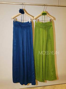 Moss烨 定染彩色 百褶高腰阔腿亚麻裤附赠盘花系带