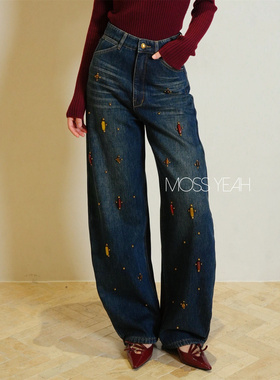 Moss烨〓设计师〓重工宝石钉珠 加绒做旧深蓝 弯刀锥形牛仔裤