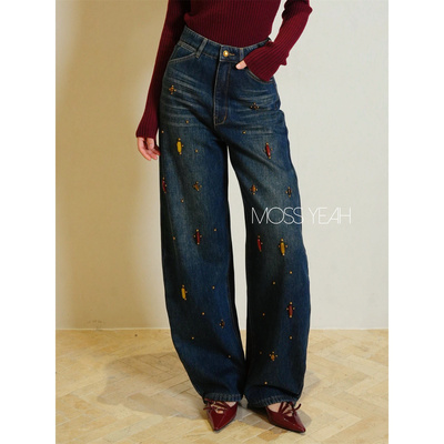 Moss烨〓设计师〓重工宝石钉珠 加绒做旧深蓝 弯刀锥形牛仔裤