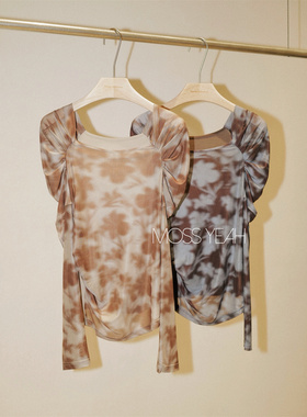 Moss烨〓设计师〓前后两穿 弹力晕染网纱莫代尔拼接方领羊腿袖T恤