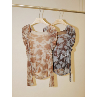 Moss烨 前后两穿 弹力晕染网纱莫代尔拼接方领羊腿袖 T恤 设计师