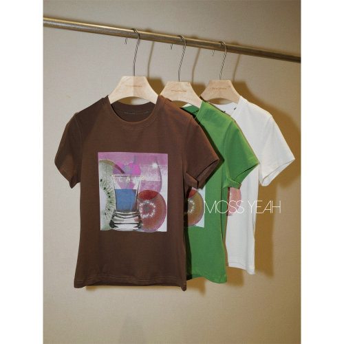 Moss烨〓设计师〓四色 精致钉珠印花 高腰修身弹力短袖T恤