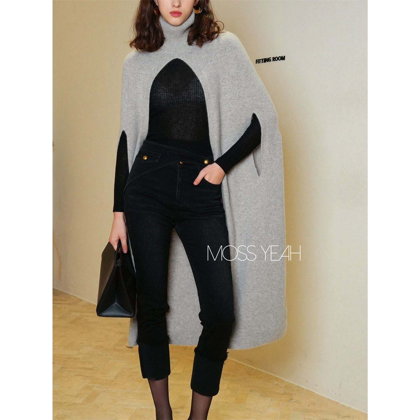 Moss烨 〓绒+〓1OO山羊绒 浅灰高领长款斗篷外套