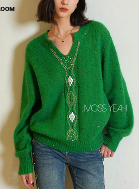 Moss烨〓设计师〓亮片粗针 精致钉珠V领羊毛羊绒毛衣两色