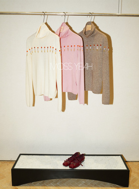 Moss烨 〓设计师〓三色亮丝羊毛 复古珍珠串珠高领长袖打底针织衫