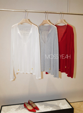 Moss烨〓设计师〓1OO莱赛尔 镂空系带圆领 印花宽松长袖T恤罩衫