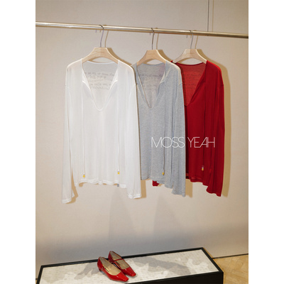 Moss烨〓设计师〓1OO莱赛尔 镂空系带圆领 印花宽松长袖T恤罩衫