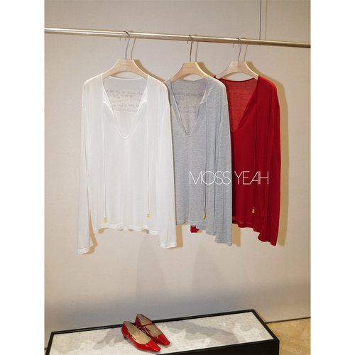 Moss烨〓设计师〓1OO莱赛尔 镂空系带圆领 印花宽松长袖T恤罩衫