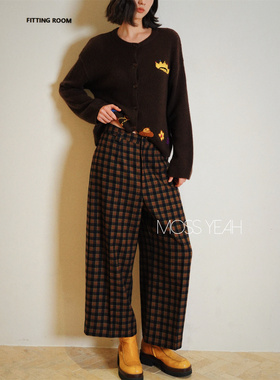Moss烨 〓设计师〓复古咖色格纹 羊毛毛呢九分阔腿裤