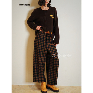 Moss烨 〓设计师〓复古咖色格纹 羊毛毛呢九分阔腿裤