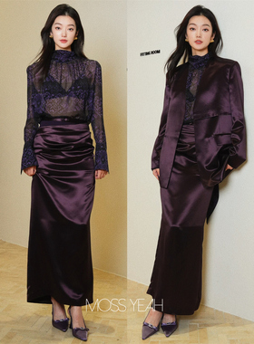 Moss烨现货〓设计师〓紫色醋酸 假两件斜褶腰造型长裙半身裙