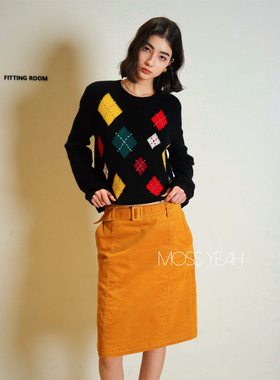 Moss烨 〓设计师〓复古灯芯绒 夹棉直筒腰带半身裙中裙两色