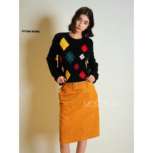 Moss烨 〓设计师〓复古灯芯绒 夹棉直筒腰带半身裙中裙两色