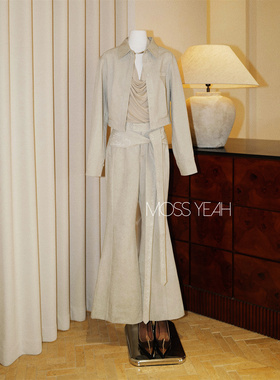 Moss烨〓设计师〓蚕丝羊毛匹马棉 刺绣收口衬衫 系带喇叭裤套装