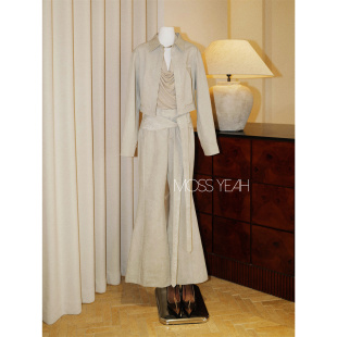 设计师 套装 蚕丝羊毛匹马棉 系带喇叭裤 刺绣收口衬衫 Moss烨