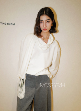 Moss烨 〓设计师〓天丝羊毛 白色流苏围脖领磨毛长袖T恤