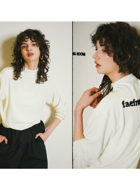 Moss烨 现货〓设计师〓后背植绒字母 白色半高领弹力长袖T恤