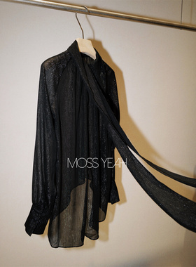 Moss烨 〓设计师〓黑色亮丝飘带 插肩袖丝质飘逸衬衫