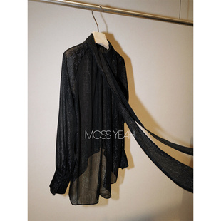 Moss烨 〓设计师〓黑色亮丝飘带 插肩袖丝质飘逸衬衫