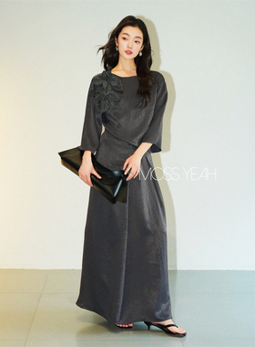 Moss烨 现货〓设计师〓立体花朵 灰色斜边上衣百褶半裙醋酸套装