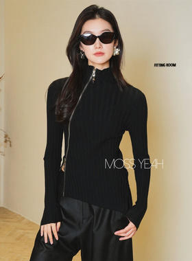 Moss烨〓设计师〓弹力蚕丝针织 机车风斜拉链修身立领针织衫