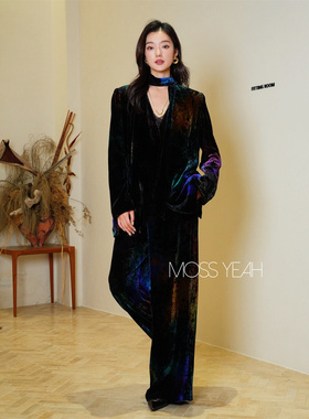 Moss烨 现货〓设计师〓1OO真丝丝绒 炫彩晕染系带西装阔腿裤套装