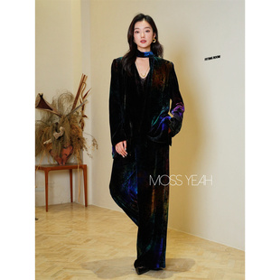 1OO真丝丝绒 设计师 炫彩晕染系带西装 阔腿裤 Moss烨 套装 现货