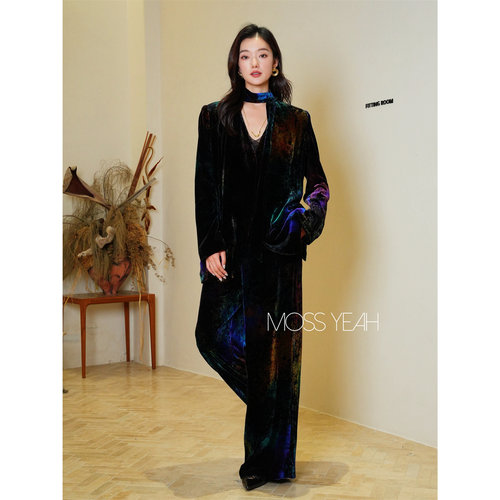 Moss烨 现货〓设计师〓1OO真丝丝绒 炫彩晕染系带西装阔腿裤套装