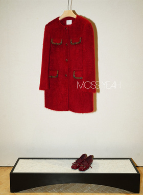 Moss烨〓设计师〓复古红 羊绒羊毛拉绒 串珠宝石扣毛呢大衣外套