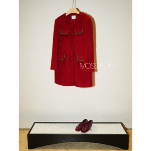 Moss烨〓设计师〓复古红 羊绒羊毛拉绒 串珠宝石扣毛呢大衣外套
