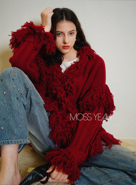 Moss烨 〓绒+〓1OO山羊绒 复古红流苏菠萝针阔版加厚羊绒毛衣外套