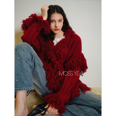 Moss烨 〓绒+〓1OO山羊绒 复古红流苏菠萝针阔版加厚羊绒毛衣外套