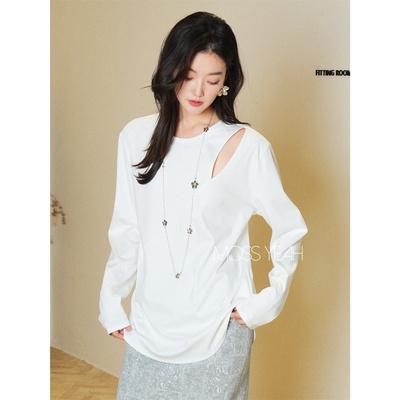 Moss烨〓设计师〓单侧镂空拼接 圆弧下摆长袖T恤