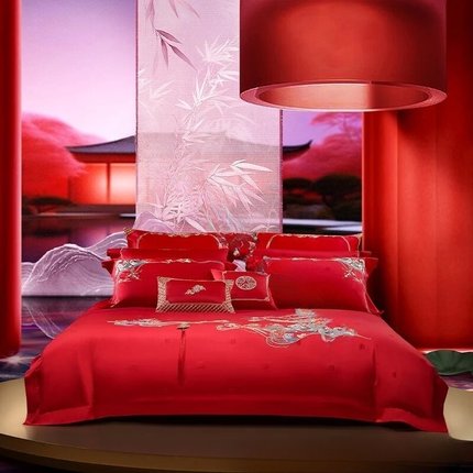 代购水星家纺新品婚庆红色长绒棉禧·福禄连理四件套专柜正品