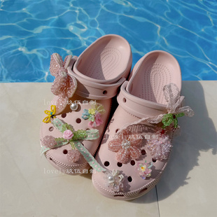 原创洞洞鞋鞋花适配crocs配饰鞋面装饰DIY粉色重工串珠花朵鞋扣